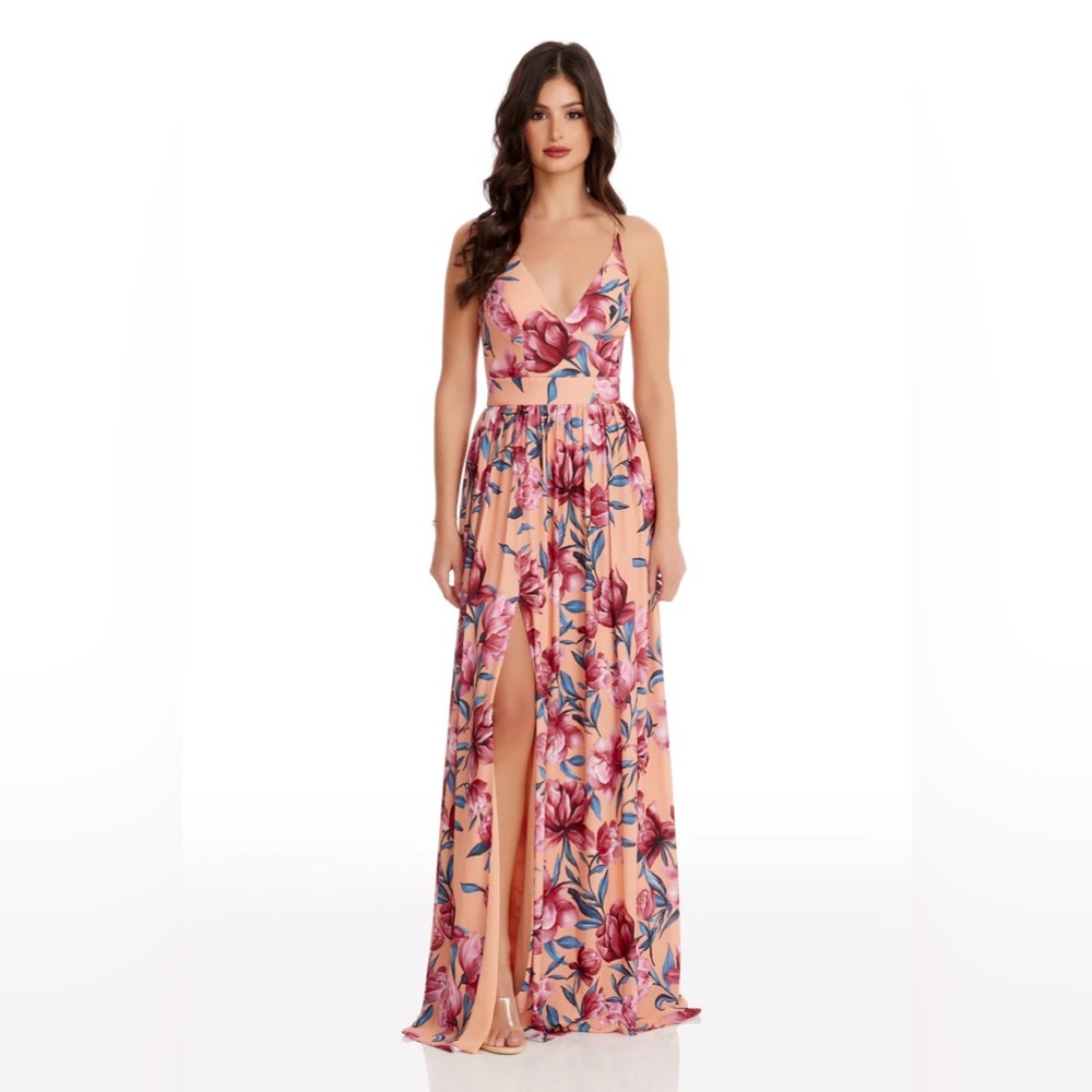 NWT Dress the Population Danae Gown in Peach Multi